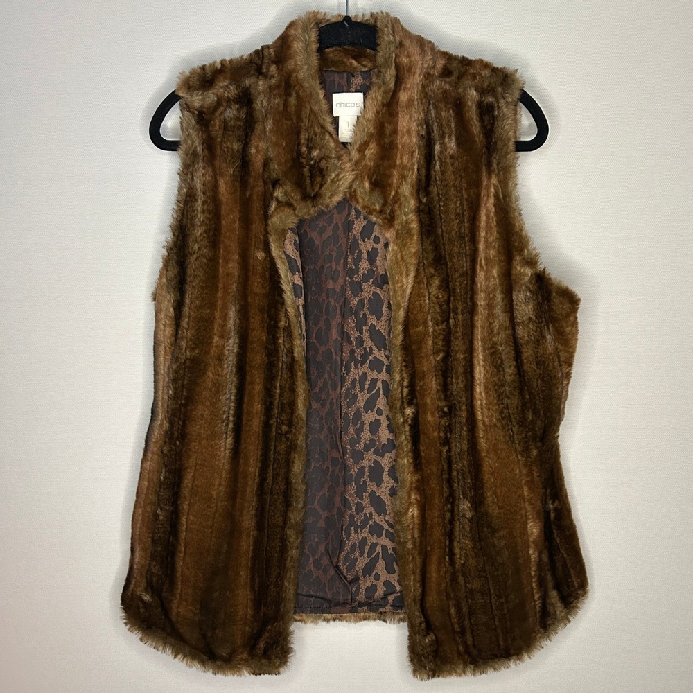 Chico's Brown Faux Fur Vest Women Size 1‎ Medium Leopard Print Lined Open Front